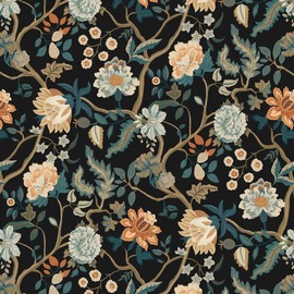 Toduso Peel and Stick Wallpaper Vintage Wall Paper Floral Black Contact Paper Renter Friendly Wallpaper Waterproof Removable Self Adhesive Wallpaper for Bathroom Bedroom Vinyl 17.3''x118.1''