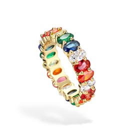 Michooyel Eternity Rainbow Ring Band Ring for Women Girls 18K Gold Plated Oval Multicolor Cubic Zirconia Eternity Ring