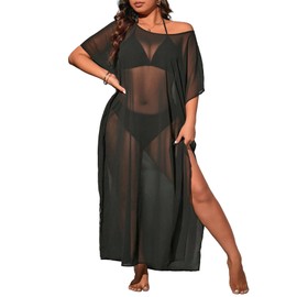 Floerns Women's Plus Size One Shoulder Sheer Mesh Split Thigh Loose Coverup Dress Black 2XL