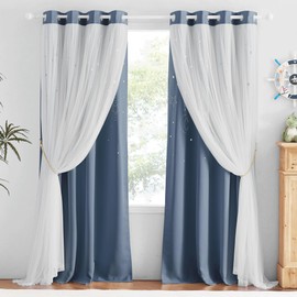 NICETOWN Curtains for Girls Bedroom Kids Curtain Hollow-Out Star Moon Window Nursery Curtain 84 inches Length Grommet 2 Layers Curtains for Living Room (Stone Blue, W52 X L63, 2 Panels)