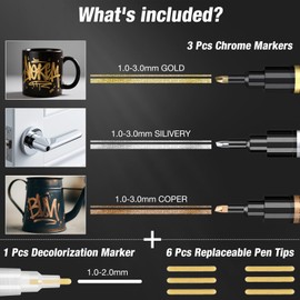 Liquid Chrome Marker - Chrome Paint Pen with Permanent Mirror Effects for Painting, DIY Projects & Touch-up Paint, Includes 3 Chrome Pens (Gold, Silver, Copper, 1-3mm Tips) & 1 Correction Pen