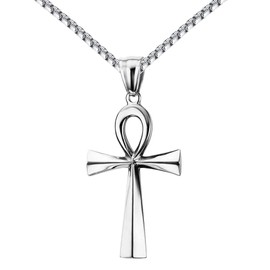 Reve Stainless Steel Coptic Ankh Cross Religious Pendant Necklace for Men Women, 20-24'' Chain (Silver Tone: 24'' Rolo Chain)