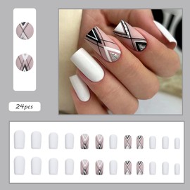 24Pcs Square Press on Nails Medium Length French Fake Nails Matte Full Cover False Nails with Geometric Stripe Glitter Designs Acrylic Nails Glossy Artificial Nails Reusable Glue on Nails for Women