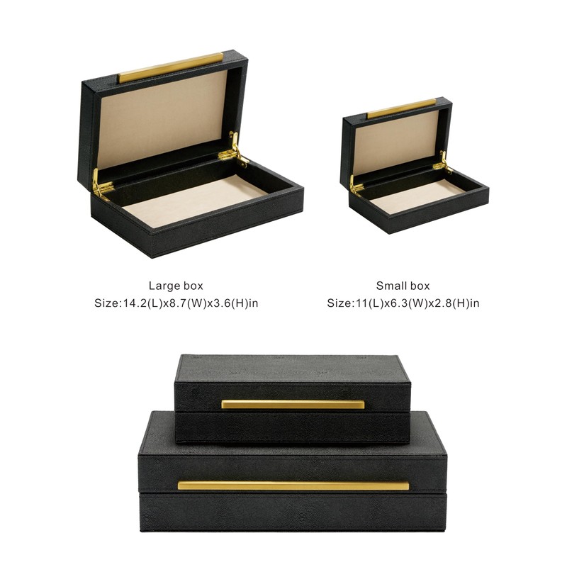 Set of 2 Black Shagreen Leather Decorative Boxes With Gold