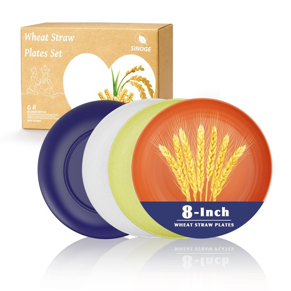 SINOGE Plastic Plates Reusable 8 Inch, Unbreakable Wheat Straw Plates,