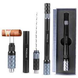 Phoelux Cigar Punch Multitool 4-in-1 Cigar Draw Enhancer Tool, Twin Needle, Retractable and Screw Out Cigar Double End Punch-2 Size Blades Cigar Hole Opener with Gift Box (Black Grey)