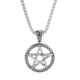 Vintage Stainless Steel Pentagram Pendant Necklace for Men Women Wiccan Necklaces with 24 inch Chain (Silver)