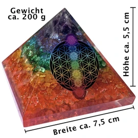 CHONIT Orgonite Pyramid, Chakra Mix Colourful with Symbol Flower of Life, Protection, Small with Rock Crystal as Decoration for Home (Colourful Chakra Mix)