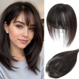 Hair Toppers for Women Made of Real Human Hair with Fringe, Hand-Sew 360° 3D Coverage, Natural for Thinning Hair Hairpieces for Women Toppers (Dark Brown)