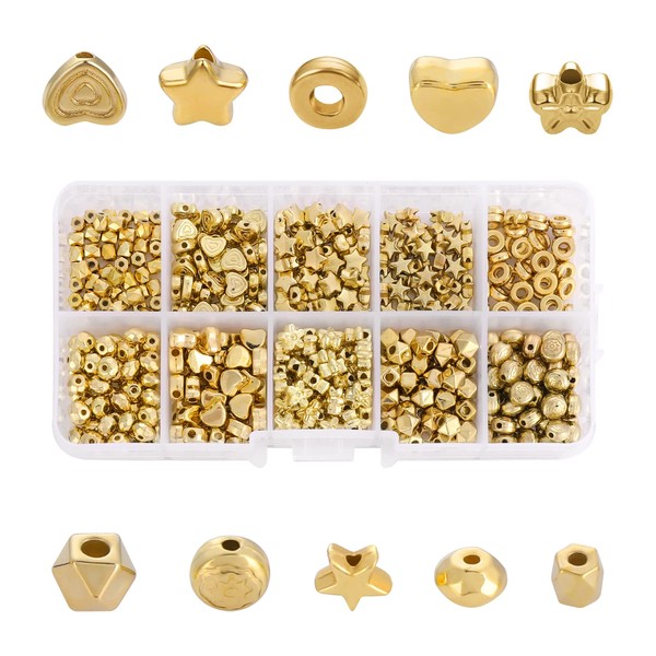 Pack of 500 Gold Spacer Beads for Bracelets, Metal Flat Beads, 10 Styles Spacer Beads, Charm, Golden Metal Beads for DIY Jewellery, Bracelet, Necklace and Craft Making