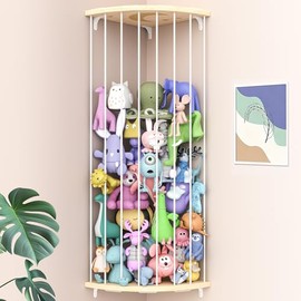 Zoológico de almacenamiento de animales de peluche de esquina, organizador grande ajustable de juguetes de felpa de madera maciza, estante colgante y 