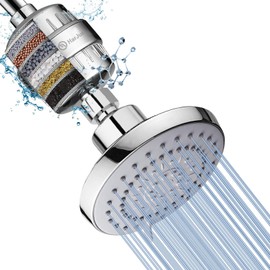 High Pressure 5 Setting Rain Shower Head Combo, HarJue Filter Shower Head for Hard Water, Remove Chlorine Fluoride and Harmful Substances, Chrome (With Filter, Without Handheld)