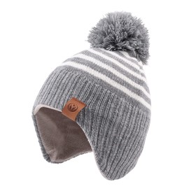 Zsedrut Kids Winter Knitted Hat Scarf Earflap Pompom Beanie Cap for Girls Boys Thick Warm Toddler Hats (Grey Stripe Hat, 4-8Y)
