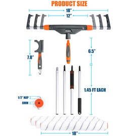 PinStone 10pcs 12"-18" Adjustable Large Paint Roller Kit, 1-5 Ft Aluminum Extension Pole, Ergonomic Handle, Roller Cleaner, 18" Nylon Roller Covers for Walls,Ceiling,Floors,Interior,Exterior Painting