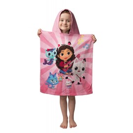 Jerry Fabrics Gabby's Dollhouse Hooded Poncho Towel for Kids 100% Cotton 115 x 50 cm | Beach Bath Hooded Poncho Towel Pandy Paw Mercat Cakey Cat Fairy Gift for Girls Boys Toddlers
