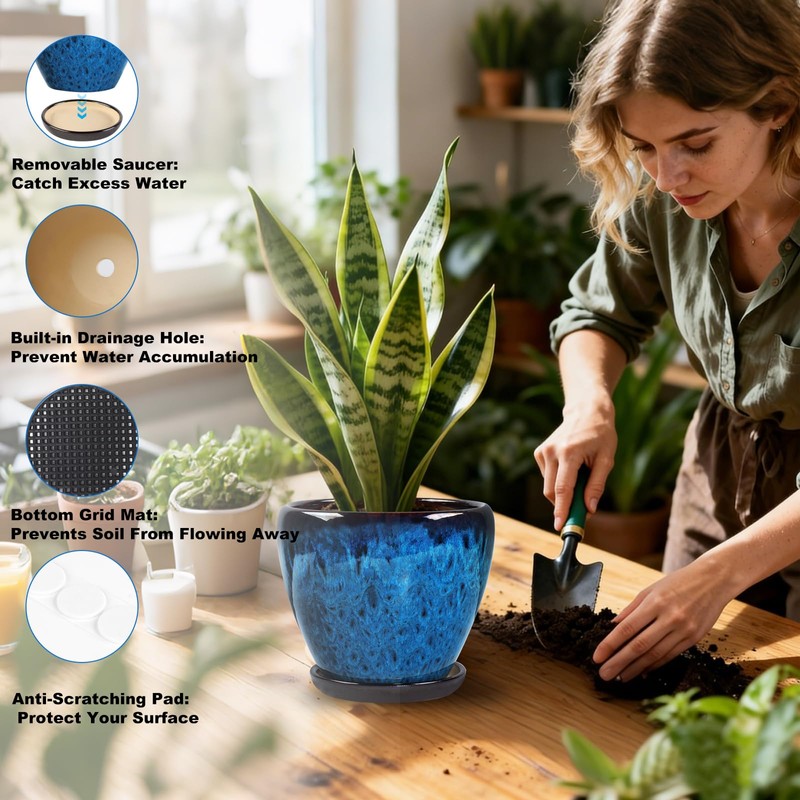 Ceramic Plant Pots With Saucer & Drainage Hole, 6 inch