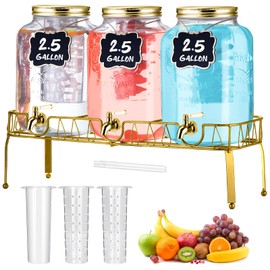 Lallisa 3 Pcs 2.5 Gallon Beverage Dispensers for Parties Glass Drink Dispenser Glass Water Dispenser with Stand Stainless Steel Leakproof Spigot Ice Cylinder Hanging Chalkboard Signs Pen (Gold)