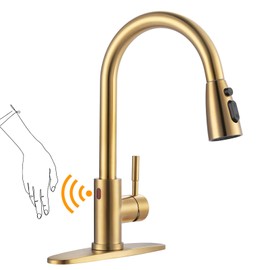 Touchless Kitchen Faucet Stainless Steel: WOWOW Smart Motion Sensor Kitchen Sink Faucet with Sprayer, Automatic Hand-Free Brushed Gold Kitchen Faucet for Sink 1 or 3 Hole