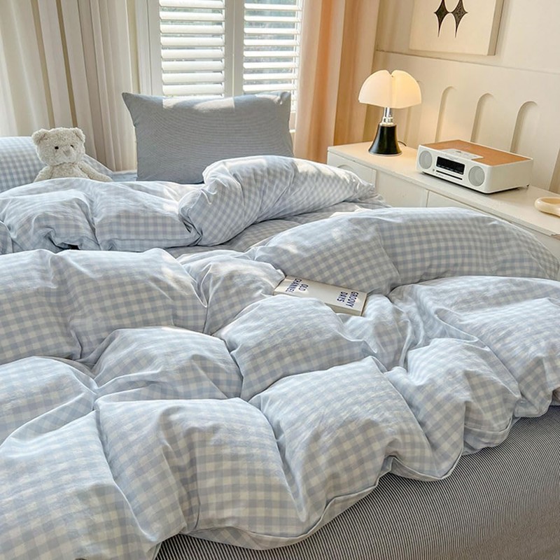 Nayoroom Gingham Duvet Cover Queen Size Blue White Plaid Checkered