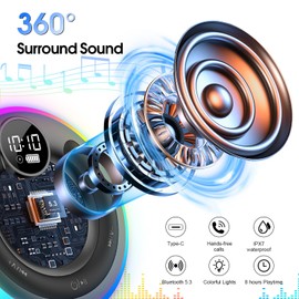 Portable Bluetooth Speaker, Bluetooth 5.3 Wireless Speakers with RGB Lights, HD Surround Stereo Sound, Built-in Mic, IP7 Waterproof Speakers with Time Display, for Party, Shower, Outdoors Sport, Black