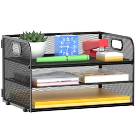 MINDEPOT Bandeja organizadora de papel de 3 niveles con asa, bandeja de malla para oficina, hogar, escuela (1 unidad), color negro