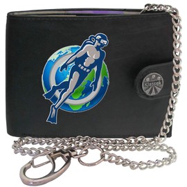 Klassek Scuba Diver World Sea Diving Water Sport Mens Wallet with Chain Real Leather RFID Blocking with Coin Pocket and Metal Gift Box