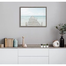 Kate and Laurel Sylvie Wooden Pier on the Beach Framed Canvas Wall Art by Amy Peterson Art Studio, 18x24 Gray, Decorative Coastal Art for Wall
