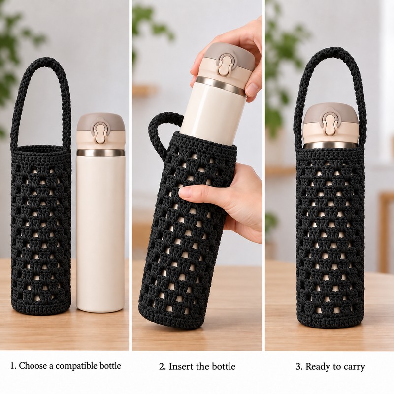 Crochet Water Bottle Holder for 400–600ml Bottles – Built-In Carry
