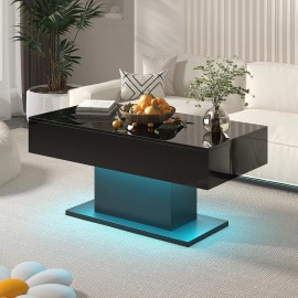 Coffee Table with LED Light, High-Gloss Black With Drawer Living Room Furniture