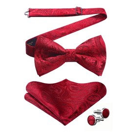 HISDERN Bow Tie for Men Red Bow Ties Pretied Bowtie Set Mens Paisley Classic Formal Woven Bowties and Pocket Square Cufflinks for Wedding Party