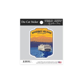 Die Cut Sticker Whidbey Island, Washington, Ferry and Mountains, Contour Vinyl Sticker 1 to 3 inches (Waterproof Decal for Cars, Water Bottles, Laptops, Coolers), Small