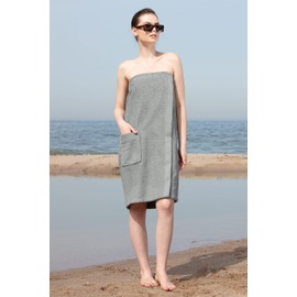 SEYANTE 100% Turkish Cotton Women's Towel Spa Wrap, Bath Towels with Adjustable Closure, Textured, Rice Weave Trim (Small/Medium, Grey)