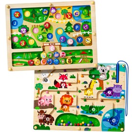 rifamee 2 in 1 Magnetic Color and Number Maze Magnet Alphabet Counting Zoo Double Sided Board Wood Puzzle Fine Motor Skills Montessori Preschool Toys Gifts for Boys and Girls 3-5 Age