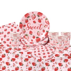 97 Pcs Strawberry Birthday Party Plates - Sweet One Strawberry Paper Plates,Disposable Cups,Napkin Strawberry Theme Tablecloth,Baby Shower Decoration for Girls, Serves 24 Guests