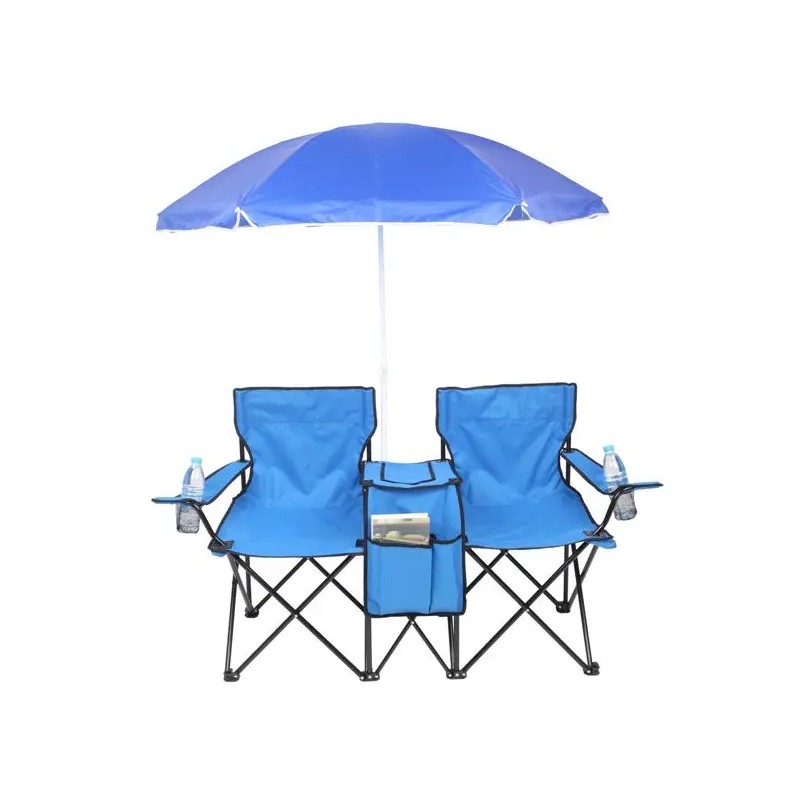 Portable Outdoor Blue 2-Seater Folding Chair with Removable Sun UmbrellaColor: