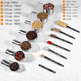 Juego de 19 tazas y cucharas medidoras apilables de acero inoxidable, cucharas y tazas medidoras de plstico para ingredientes secos y lquidos,...     
