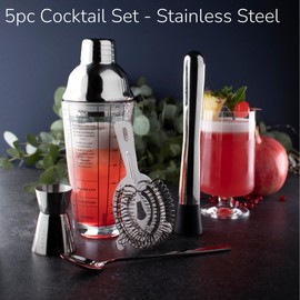 Taylor's Eye Witness Taproom 3pcs Silver Stainless-Steel & Glass Recipe Cocktail Shaker Set - Includes 400ml (14fl oz) Metal Cobbler Shaker, 25ml/40ml Double Jigger & Muddler.