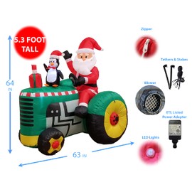 5.3 Foot Tall Christmas Inflatable Santa Claus Drive Tractor with Penguin LED Lights Outdoor Indoor Holiday Decorations Blow up Lawn Inflatables Home Family Decor Yard Decoration