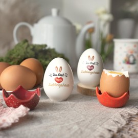 GRUSS & CO 48584 Egg Cup Shaker Set with "Favourite Rabbit" Motif | 4-Piece Set Consisting of Salt and Pepper Shakers in Egg Shape and 2 Matching Egg Cups | Gift Easter, Easter Nest, Easter Decoration