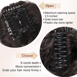 Foaoit Claw Clip Messy Bun Hair Pieces for Women Messy Wavy Curly Hair Bun Extensions Tousled Updo Bun Hair Clip in Synthetic Hair Bun Ponytail Extension (Darkest Brown Tend to Black)