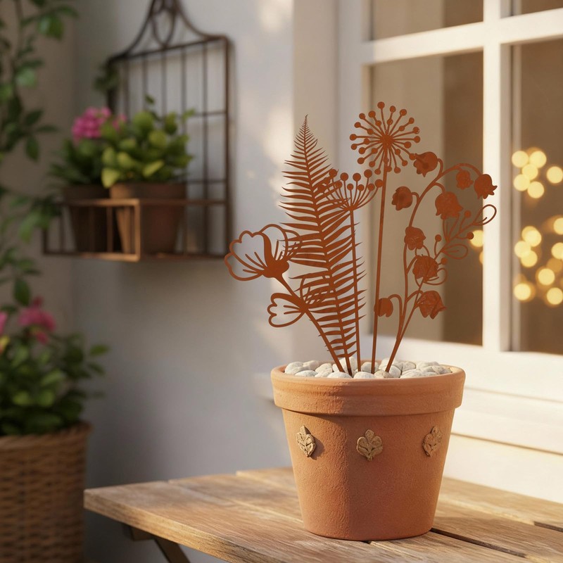 12 Pack Rusty Metal Garden Stakes, Rustic Metal Fern Leaf