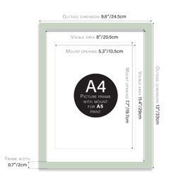 Almost Frameless A4 Mint Green Picture Frame Set of 4, Display A5 Pictures with Mount or A5 Without Mount Gallery Wall, Poster, Photo, Artwork, or Print, Mint Green