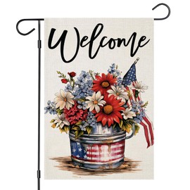 4th of July Garden Flags for Outdoor, Patriotic Flowers in A Vintage Water Pail Small Summer Yard Decoration for Farmhouse Independence Day, Memorial Day Outside Decor 12x18 Inch Double Sided