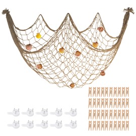 80x40 Inch Decorative Fishing Net w/Shells & Clips, 3mm Thickness Brown Natural Cotton Large Photo Hanging Fishnet, Wall Party Decorations for Nautical Pirate Hawaii Underwater Mermaid Themed Party