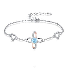 BETHZA Nature Swiss Blue Topaz Infinity Bracelet 925 Sterling Silver Open Loop Cross Birthstone Adjustable Chain Bracelets for Women Gifts for Birthday