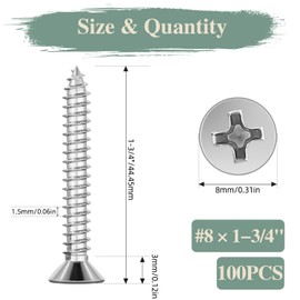 GOHODOMINO #8 x 1-3/4" Wood Screw 100Pcs, Stainless Steel 304 (18-8) Screws Flat Head Phillips Fast Self Tapping Drywall Screws