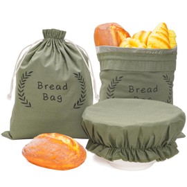 QGHPY Beautiful Linen Bread Bag Set and 12‘’ Large Proofing Coverrise Lids Reusable Linen Bags for Homemade Sourdough Easy to Clean Bread Storage Bags Kitchen Gifts for Baking Lovers