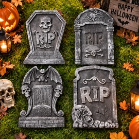 4PCS Halloween Tombstone Decorations – Foam Skeleton Graveyard Props for Haunted House, Party & Outdoor Spooky Decor