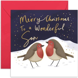 Old English Co. Special Christmas Card for Son from Mum Dad Parents - Robin Christmas Card with Gold Foil - Cute Heartfelt Festive Seasons Greeting Card for Him - Blank Inside with Envelope
