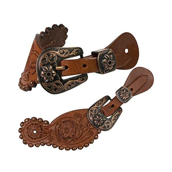 Showman Ladies Size Floral Tooled Leather Spur Straps w/Antique Engraved Brush Copper Buckle! New Horse TACK!
